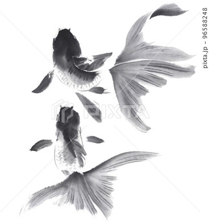 絵画　魚　2つセット 墨絵 魚 アート作品（笹とニジマス 虹鱒 魚 モノトーン【水墨画