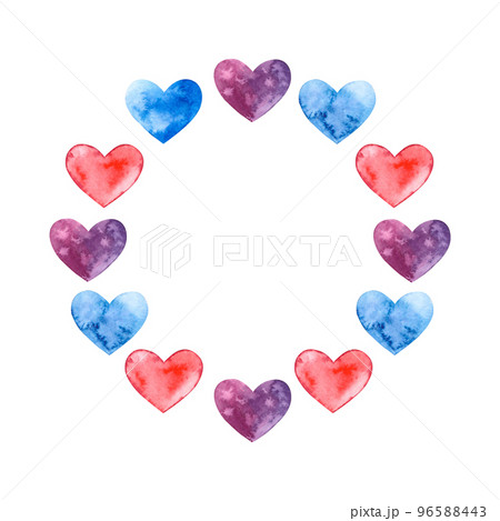 valentine's day. A circle of watercolor hearts, blue, burgundy, pink flowers hand-painted in watercolor and arranged in a circle. Suitable for printing on wallpaper, postcards and scrapbooking valentine's day. A circle of watercolor hearts, blue, burgundy, pink flowers hand-painted in watercolor and arranged in a circle. Suitable for printing on wallpaper, postcards and scrapbooking 96588443