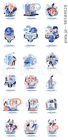 Global warming metaphor, human climate change, emissions destroy atmosphere and air, natural disaster 96589028