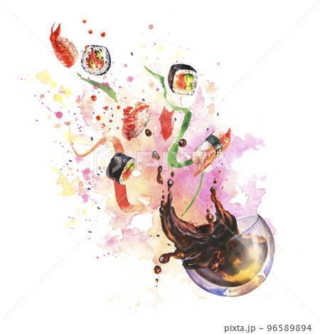 Watercolor composition with sushi, splash sause, ingredient for sushi on colorfool watrcolor background. 96589894