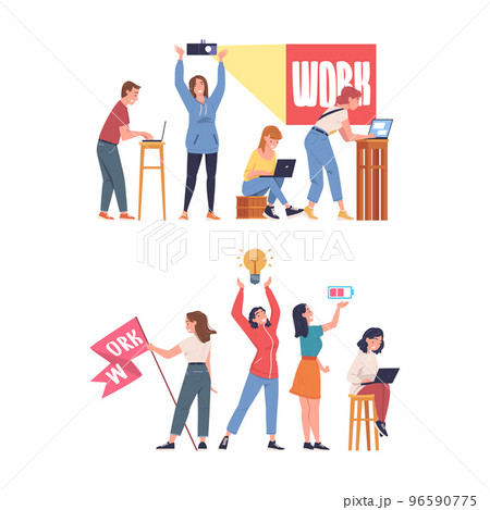 People Characters Working as Well Coordinated Mechanism Engaged in Teamwork Vector Set 96590775
