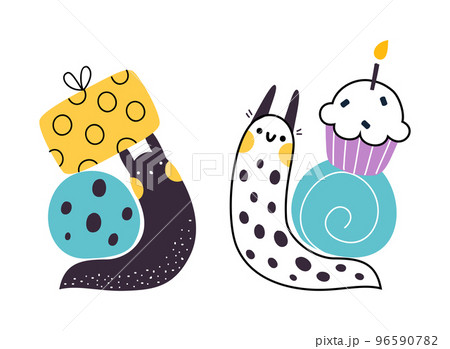 Cute Snail Character with Shell Carrying Gift Box and Cupcake on Its Back Vector Set Cute Snail Character with Shell Carrying Gift Box and Cupcake on Its Back Vector Set 96590782