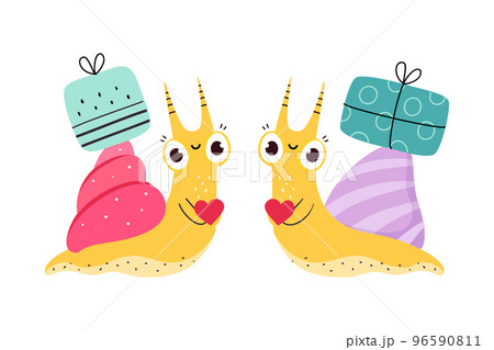 Cute Snail Character with Shell Carrying Gift Box on Its Back Vector Set Cute Snail Character with Shell Carrying Gift Box on Its Back Vector Set 96590811