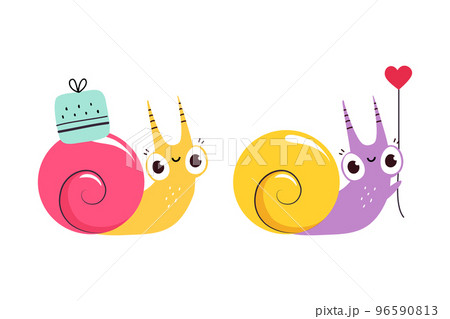 Cute Snail Character with Shell Carrying Heart and Gift Box on Its Back Vector Set Cute Snail Character with Shell Carrying Heart and Gift Box on Its Back Vector Set 96590813
