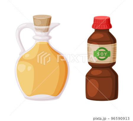 Soy Oil in Corked Jar and Bottle of Sauce as Natural and Organic Product from Soybean Plant Vector Set Soy Oil in Corked Jar and Bottle of Sauce as Natural and Organic Product from Soybean Plant Vector Set 96590913