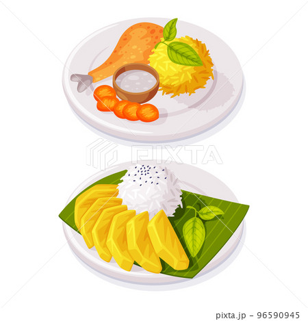 Traditional Thai Food with Rice and Curry with Fried Chicken Leg Vector Set 96590945