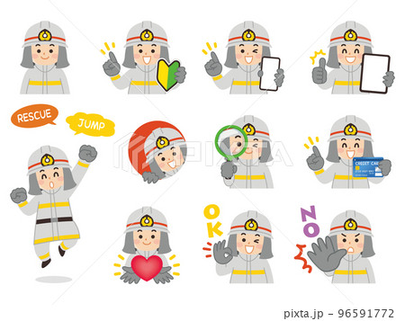 消防士の男性バリエーション　初心者マーク　スマートフォン　タブレット　虫眼鏡　クレジットカード 96591772
