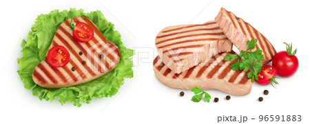 Tuna fish steak grilled isolated on white background with full depth of field. Top view. Flat lay 96591883
