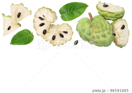 Sugar apple or custard apple isolated on white background with . Exotic tropical Thai annona or cherimoya fruit. Top view. Flat lay 96591885