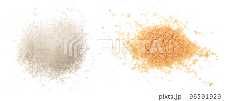 Heap of granulated white and brown sugar isolated on white background. Top view. Flat lay Heap of granulated white and brown sugar isolated on white background. Top view. Flat lay 96591929