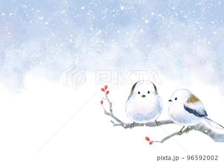 寒中見舞い文字なしテンプレート シマエナガが枝にとまる可愛いイラストレーションのイラスト素材 [96592002] - PIXTA