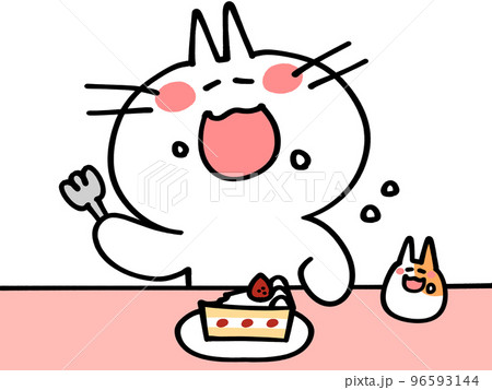 いただきますとケーキを食べるにゃんことハムスターのイラスト素材のイラスト素材