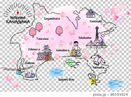 春季神奈川旅遊景點簡筆劃插畫圖（粉色） 96593924