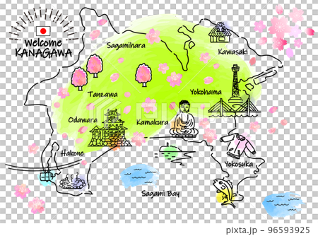 Simple line drawing illustration map of tourist spots in Kanagawa in spring (green) Simple line drawing illustration map of tourist spots in Kanagawa in spring (green) 96593925