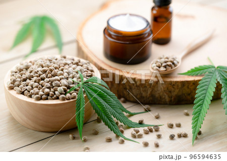 Legalized cannabis for skincare product features with set of CBD oil bottles. 96594635