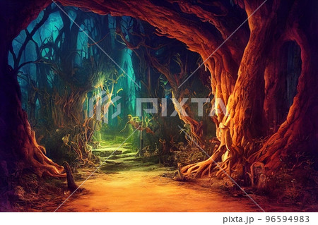 Spectacular pathway in enchanted forest digital art 3D illustration. Spectacular pathway in enchanted forest digital art 3D illustration. 96594983