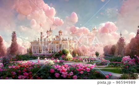Spectacular fantasy palace with garden of flower. Digital art 3D illustration. Spectacular fantasy palace with garden of flower. Digital art 3D illustration. 96594989