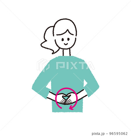 両手でお腹を時計回りに摩っている女性の上半身 両手でお腹を時計回りに摩っている女性の上半身 96595062