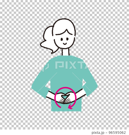 両手でお腹を時計回りに摩っている女性の上半身 両手でお腹を時計回りに摩っている女性の上半身 96595062