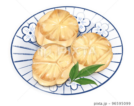 ホタテのソテーと梅柄の藍色のお皿のリアルなテイストの美味しそうな手描きイラスト 96595099