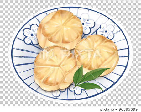 ホタテのソテーと梅柄の藍色のお皿のリアルなテイストの美味しそうな手描きイラスト 96595099