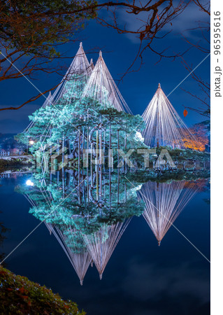 冬の風物詩雪吊りが兼六園の霞ヶ池に美しく反射する夜景｜石川県金沢市 96595616