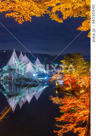 晩秋の紅葉と冬の風物詩雪吊りが兼六園の霞ヶ池に美しく反射する夜景｜石川県金沢市 96595640