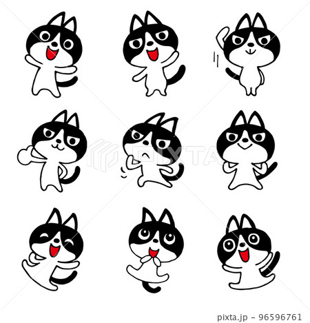 ハチワレネコのゆるい手描きポーズセット1　ベクター素材 96596761