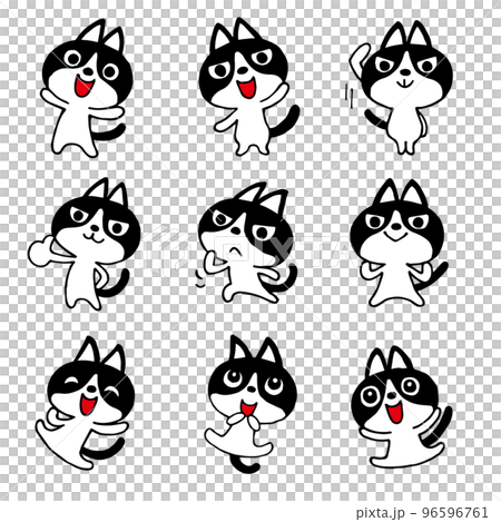 ハチワレネコのゆるい手描きポーズセット1　ベクター素材 96596761