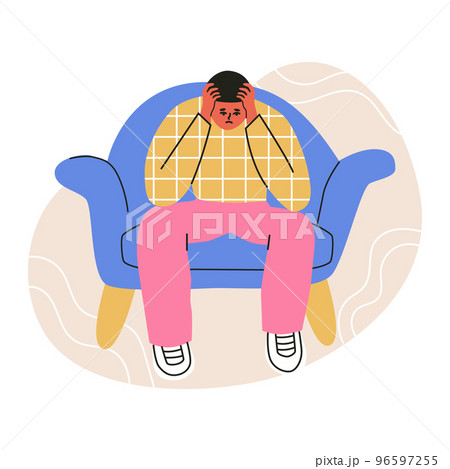A lonely sad man sitting on a chair. Young depressed male character holding his head. Flat vector illustration in trendy colors, isolated on a white background 96597255