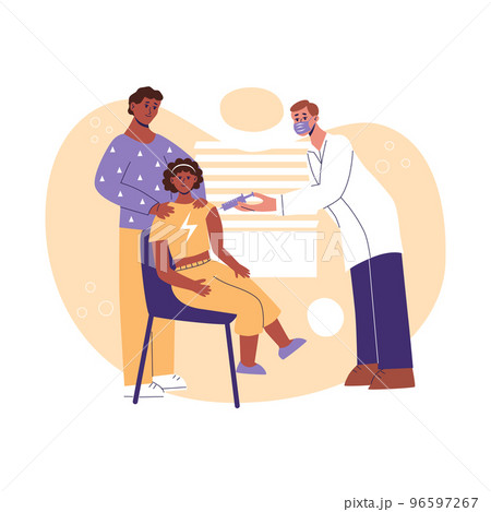 Children vaccination. Father with teenage daughter in hospital. Pediatrician doctor in medical mask make injection of flu or immunization. Healthcare, preventation, treatment vector flat illustration 96597267