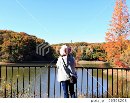紅葉 湖 シニア女性(後ろ姿) 紅葉 湖 シニア女性(後ろ姿) 96598208