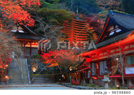【奈良県】談山神社の紅葉ライトアップ（十三重塔と神廟拝所） 96598860