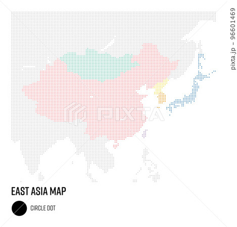 世界地図ドット粗め 東アジア地域 国別にグループ