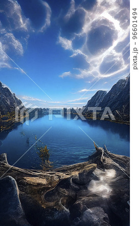 青い空と湖の世界　超広角の風景「AI生成画像」 96601494