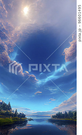 青い空と湖の世界　超広角の風景「AI生成画像」 96601495