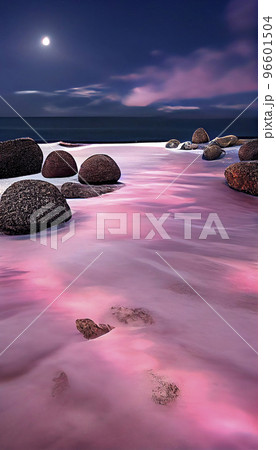 夜空に光輝く星々　月　黄金のビーチ「AI生成画像」 96601504