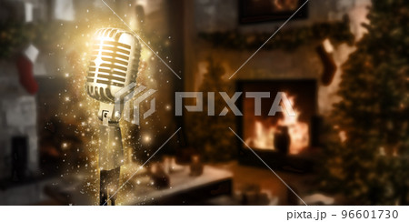 Karaoke background. Silver vintage microphone on bokeh Christmas tree and news year decoration. Concept Christmas time for web banner , display or montage your products. 96601730