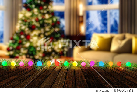 Empty wood table top on blurry bokeh Christmas tree and new year decoration. Concept Christmas time for web banner , display or montage your products. Warm colors. 96601732