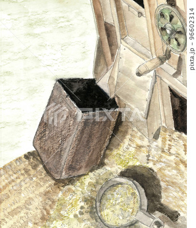 水彩で描いた古来の農機具 唐箕（とうみ）を使った農作業の光景イラスト 96602314