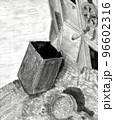 水彩で描いた古来の農機具 唐箕（とうみ）を使った農作業の光景の水墨画風イラスト モノトーン 96602316
