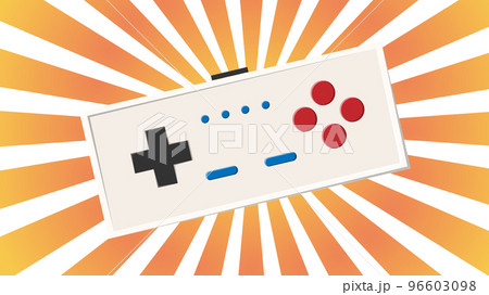 Old retro vintage hipster joystick with buttons for game video console for gamers from 70s, 80s, 90s against the background of the orange rays of the sun. Vector illustration 96603098