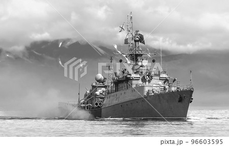 Russian warship going along the coast. Selective focus 96603595