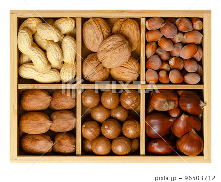 Mix of six different nuts in their shells, decorative assorted, in wooden box with compartments. Peanuts, walnuts, hazelnuts, pecans, macadamia nuts and sweet chestnuts. Close-up, isolated from above. Mix of six different nuts in their shells, decorative assorted, in wooden box with compartments. Peanuts, walnuts, hazelnuts, pecans, macadamia nuts and sweet chestnuts. Close-up, isolated from above. 96603712