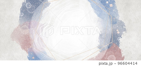 水彩テクスチャ抽象バナー）グレー背景に青・水色・ピンクの筆跡と金色グリッターとシャボン玉 96604414