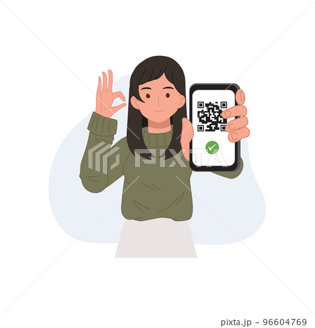 Online payment concept. A woman holds smartphone with already Paid by Qr code on the smartphone screen and showing Ok sign. Flat vector cartoon illustration. Online payment concept. A woman holds smartphone with already Paid by Qr code on the smartphone screen and showing Ok sign. Flat vector cartoon illustration. 96604769
