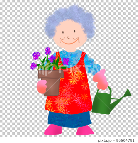 元気なおばあさんが楽しそうに庭の手入れをしているイラスト 96604791