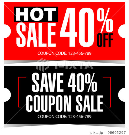 Discount coupon to save money during sale and Black Friday. Discount gift card, gift voucher or shopping certificate to save 40 percent of price with white text on red or black background. Discount coupon to save money during sale and Black Friday. Discount gift card, gift voucher or shopping certificate to save 40 percent of price with white text on red or black background. 96605297