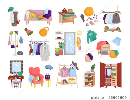 Clothes in wardrobe room, closet of fashion dress, set of isolated vector illustrations. Furniture with modern wear, shirts, accessories. 96605609