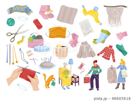 Knit clothes set of vector illustration. Winter knitted clothes set, cozy collection. Hat, sweater, grandmother with wool scarf knitting. 96605618